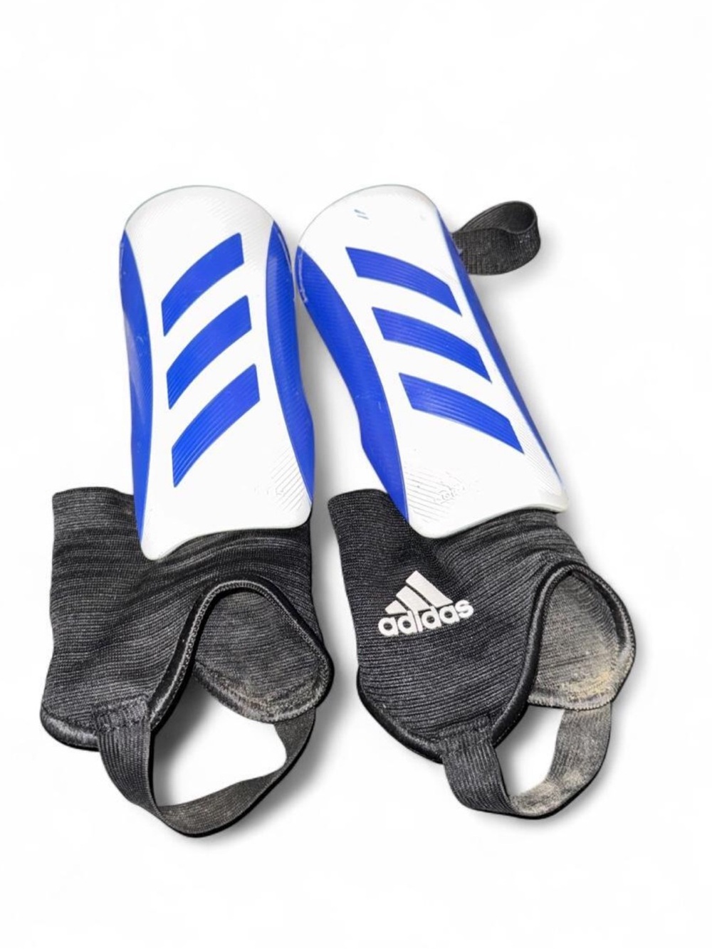 Kids Adidas white and blue soccer shin guards